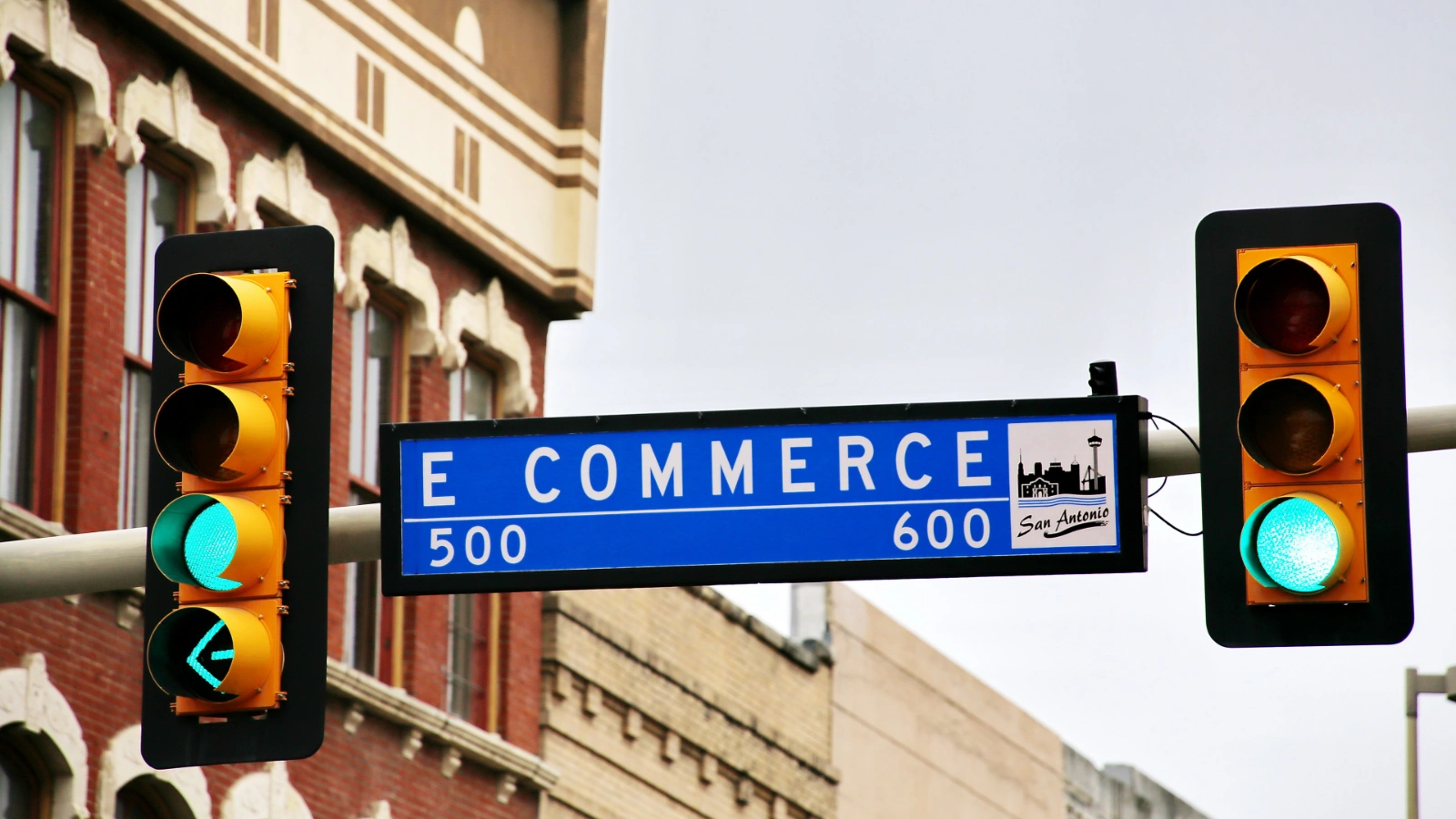 A retail street sign reading E Commerce