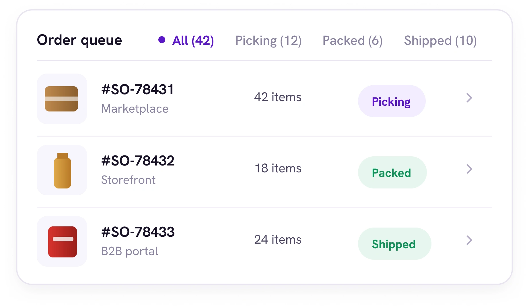 The order queue: three sample orders, a marketplace order picking, a storefront order packed, a B2B portal order shipped