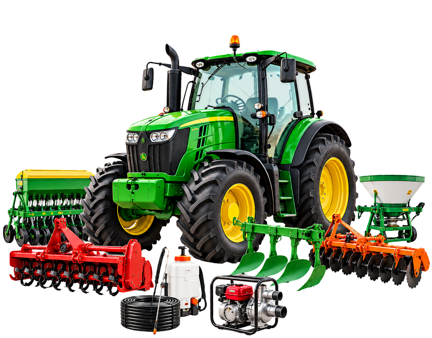 A green tractor surrounded by seven implements — seed drill, rotavator, plough, sprayer, water pump, spreader and disc harrow — illustrating the range of agricultural equipment served by the platform
