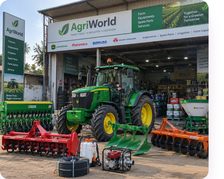 An AgriWorld dealer showroom, a tractor with a rotavator, plough, sprayer, water pump and disc harrow parked in front, under signage naming John Deere, Mahindra, Sonalika and Massey Ferguson