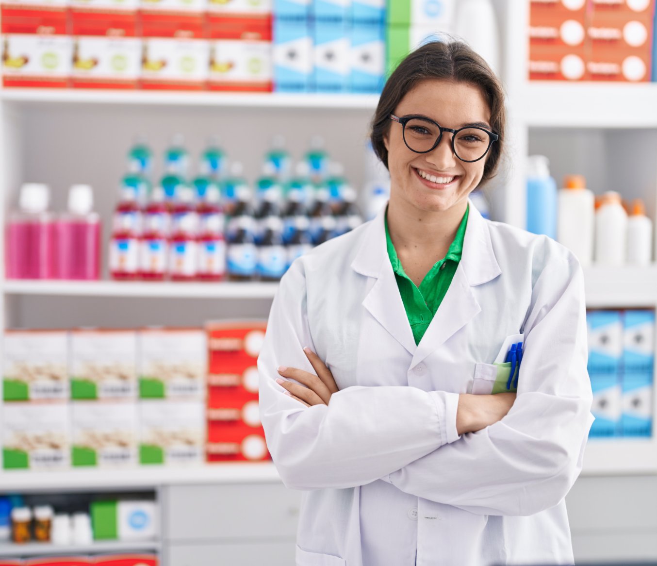 A pharmacy assistant picking a medicine from a shelf of stock