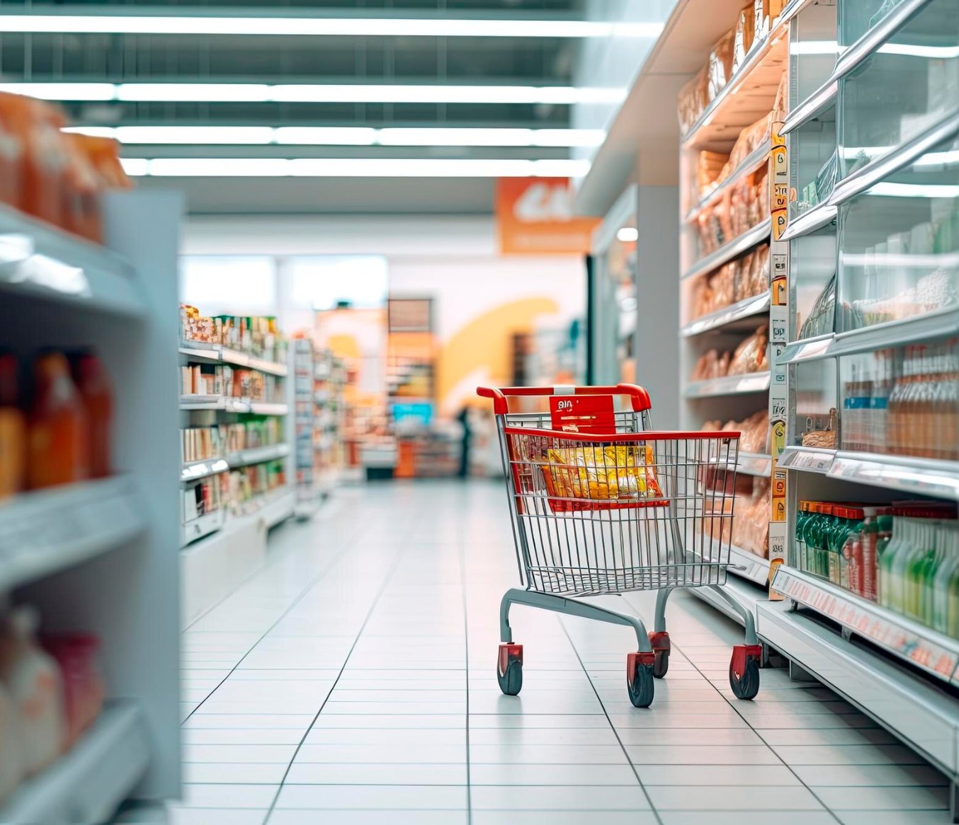 A shopper choosing groceries in a hypermarket aisle